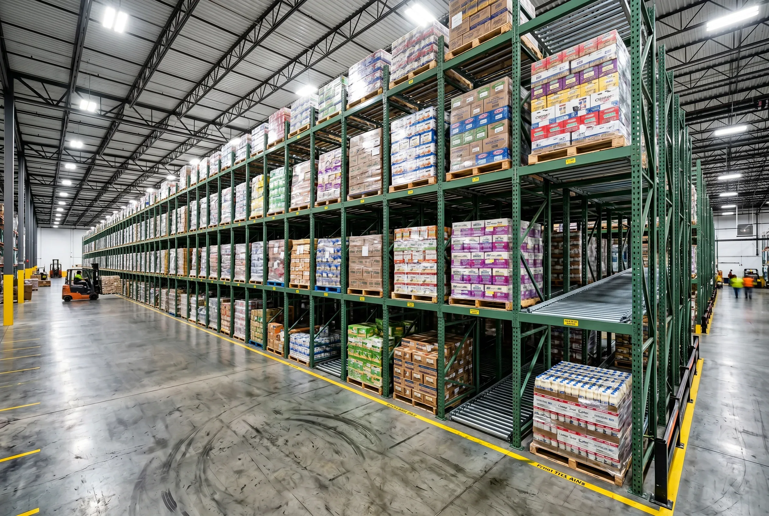 Deep-lane pallet flow rack with gravity rollers in a Richmond, VA refrigerated distribution center